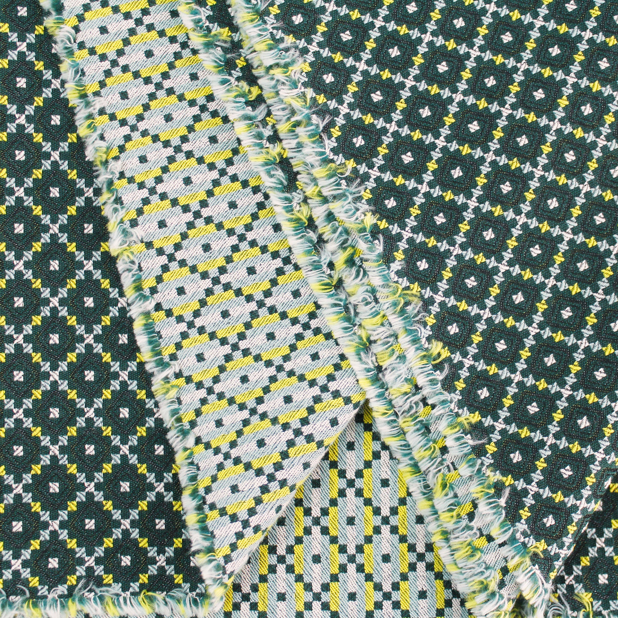 Tissu jacquard en coton réversible motifs graphiques vert et jaune