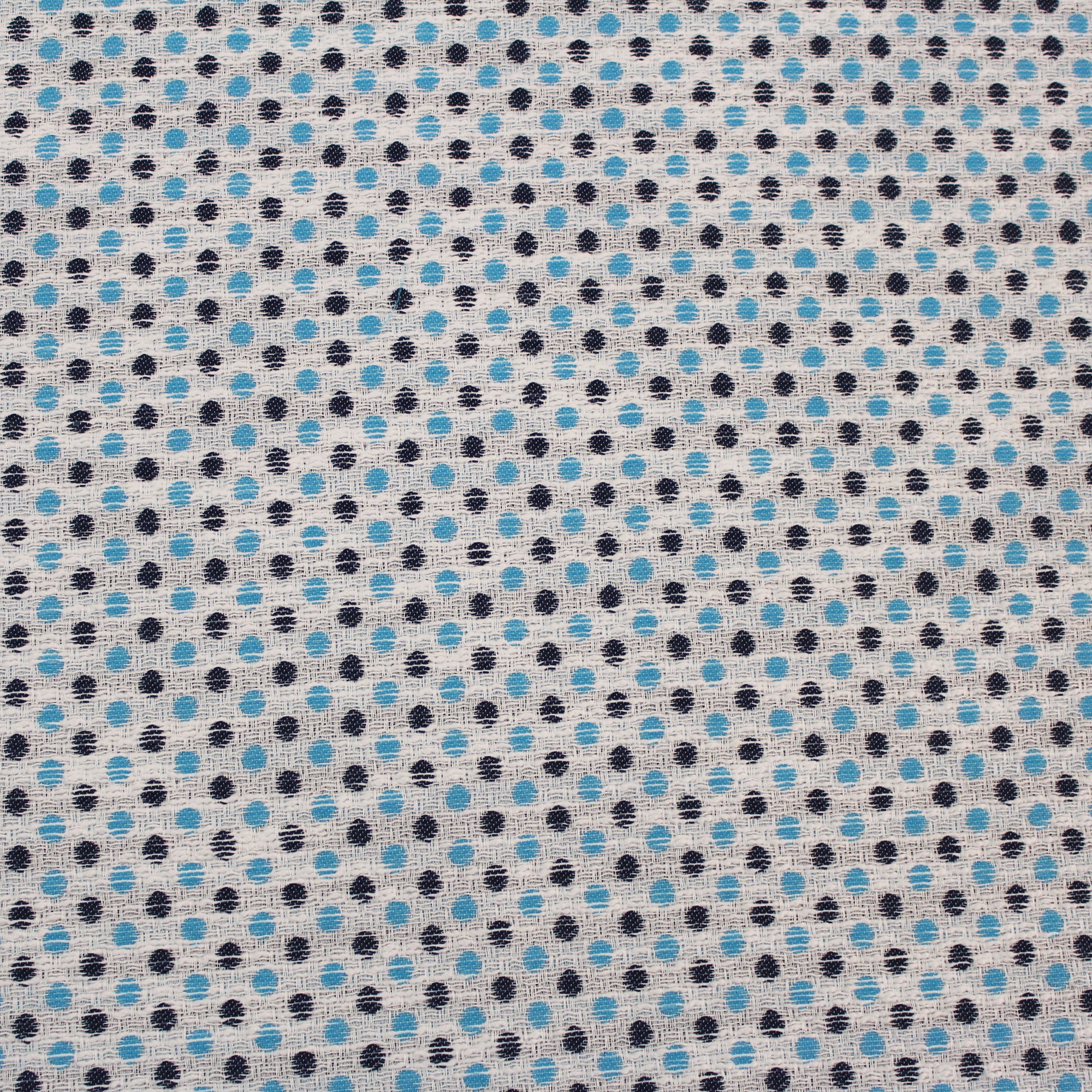 Cotton jacquard fabric with sky blue and navy polka dots